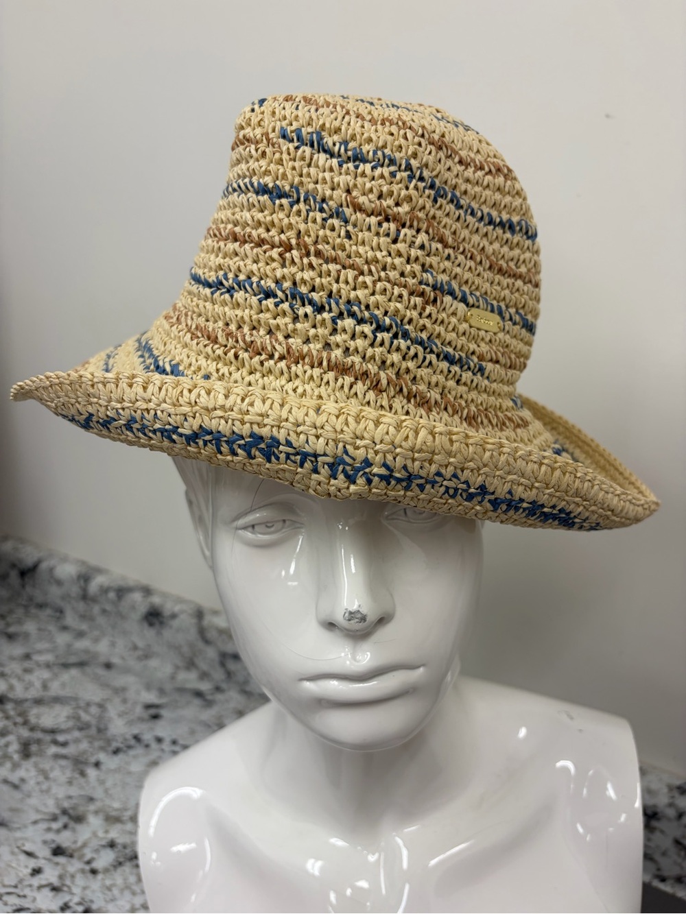 Barbour Natural Straw Crochet Hat with Blue Accent Stripes